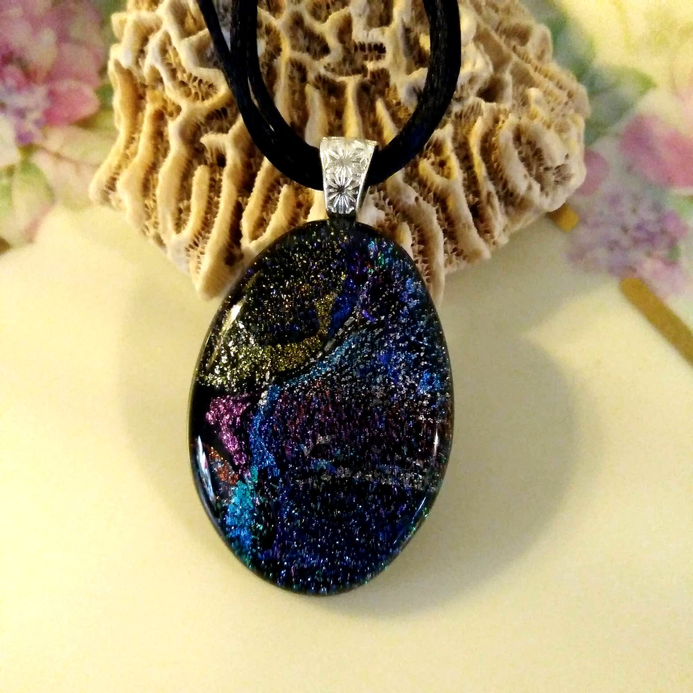 Handmade Dichroic Jewelry Mosaic Style Fused Glass Pendant.